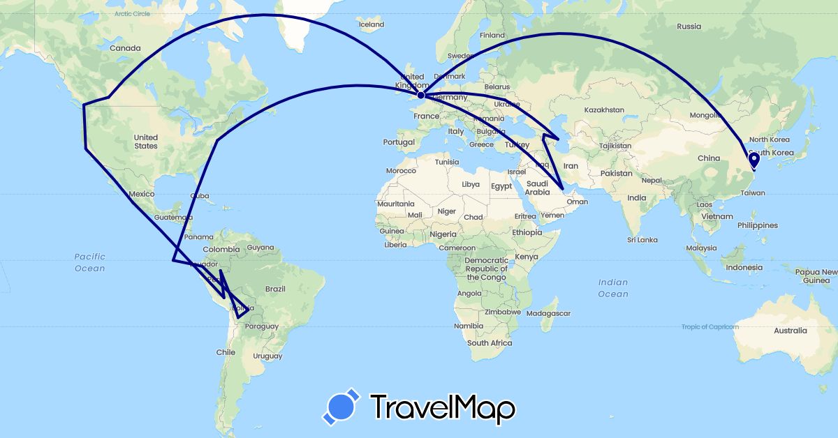 TravelMap itinerary: driving in Armenia, Azerbaijan, Bolivia, Canada, China, Cuba, Ecuador, United Kingdom, Georgia, Mexico, Peru, Qatar, Ukraine, United States (Asia, Europe, North America, South America)